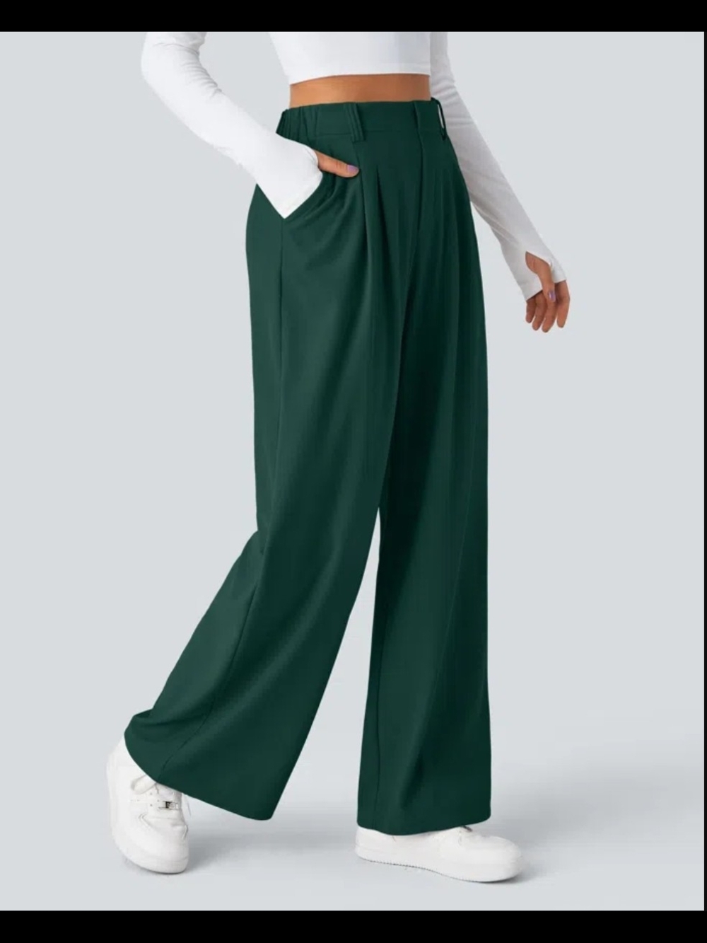 NWT Med Tall HALARA Forest Green Wide-Leg High-Rise Pants - Picture 3 of 6